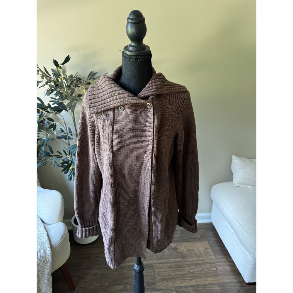 Croft & Barrow Brown Chunky Knit Cardigan Asymmetrical Button Shawl Collar Large
